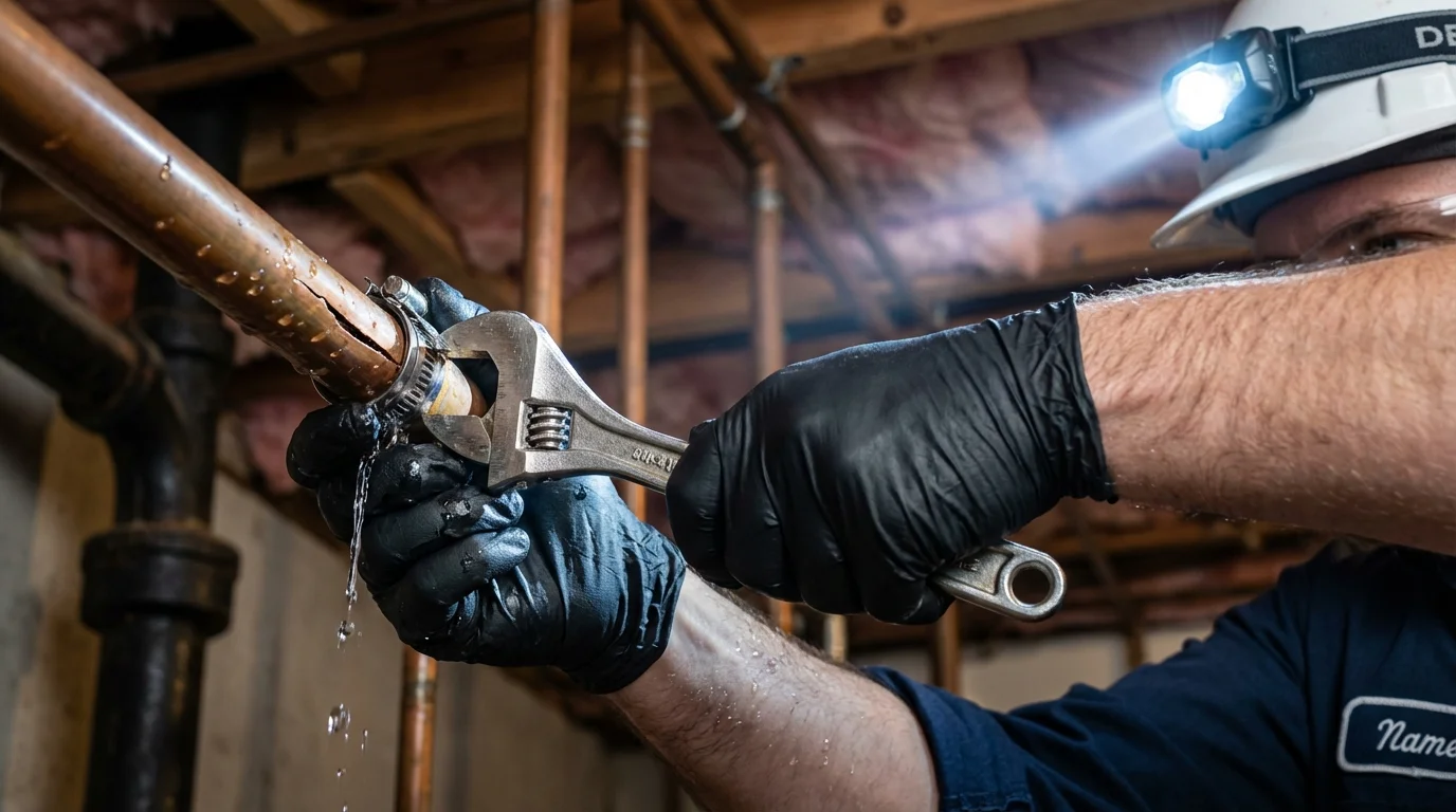 Emergency pipe clamp repair being performed by a Johns Plumbing LLC plumber in De Leon Springs