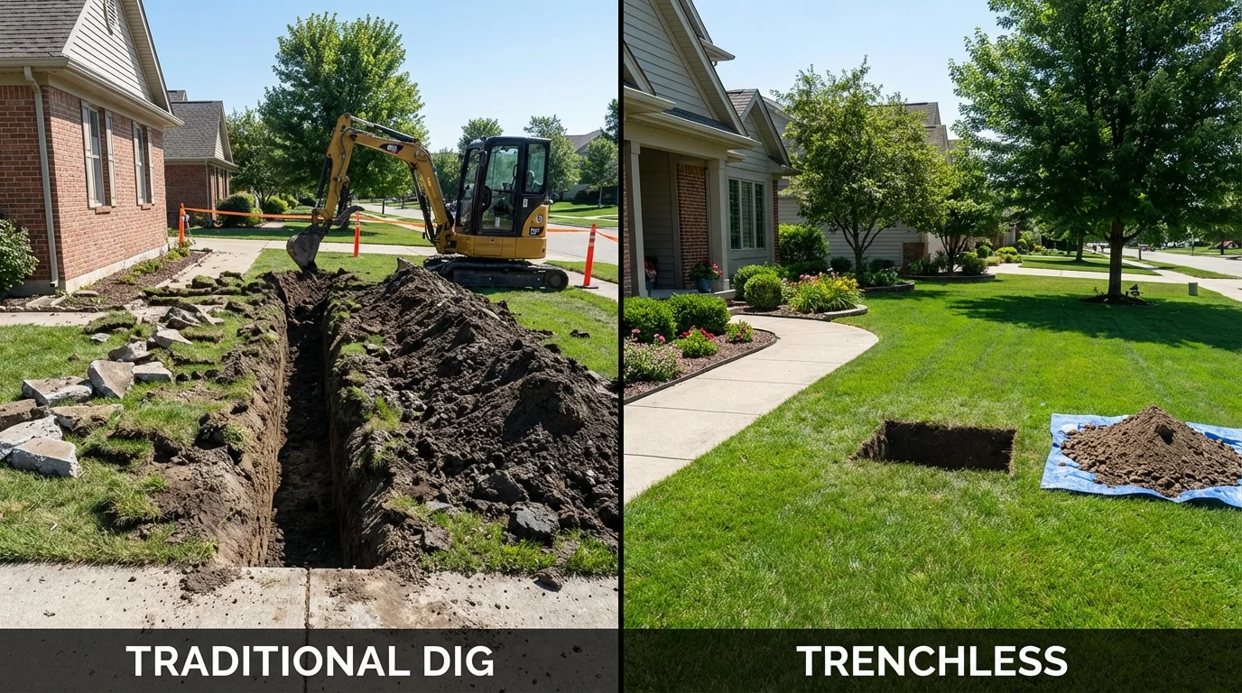 Trenchless sewer repair with minimal yard damage versus traditional excavation in De Leon Springs, FL