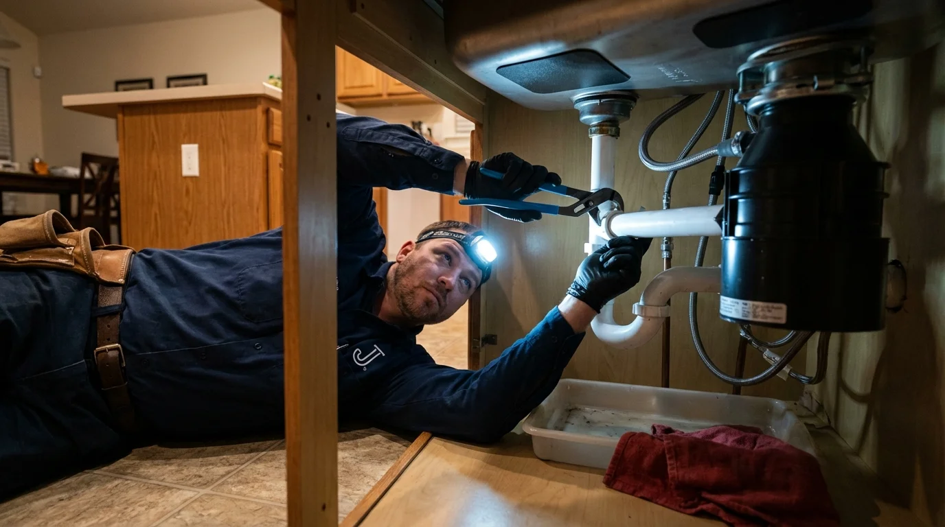 P-trap and supply line connections under a kitchen sink showing a common leak point in De Leon Springs, FL